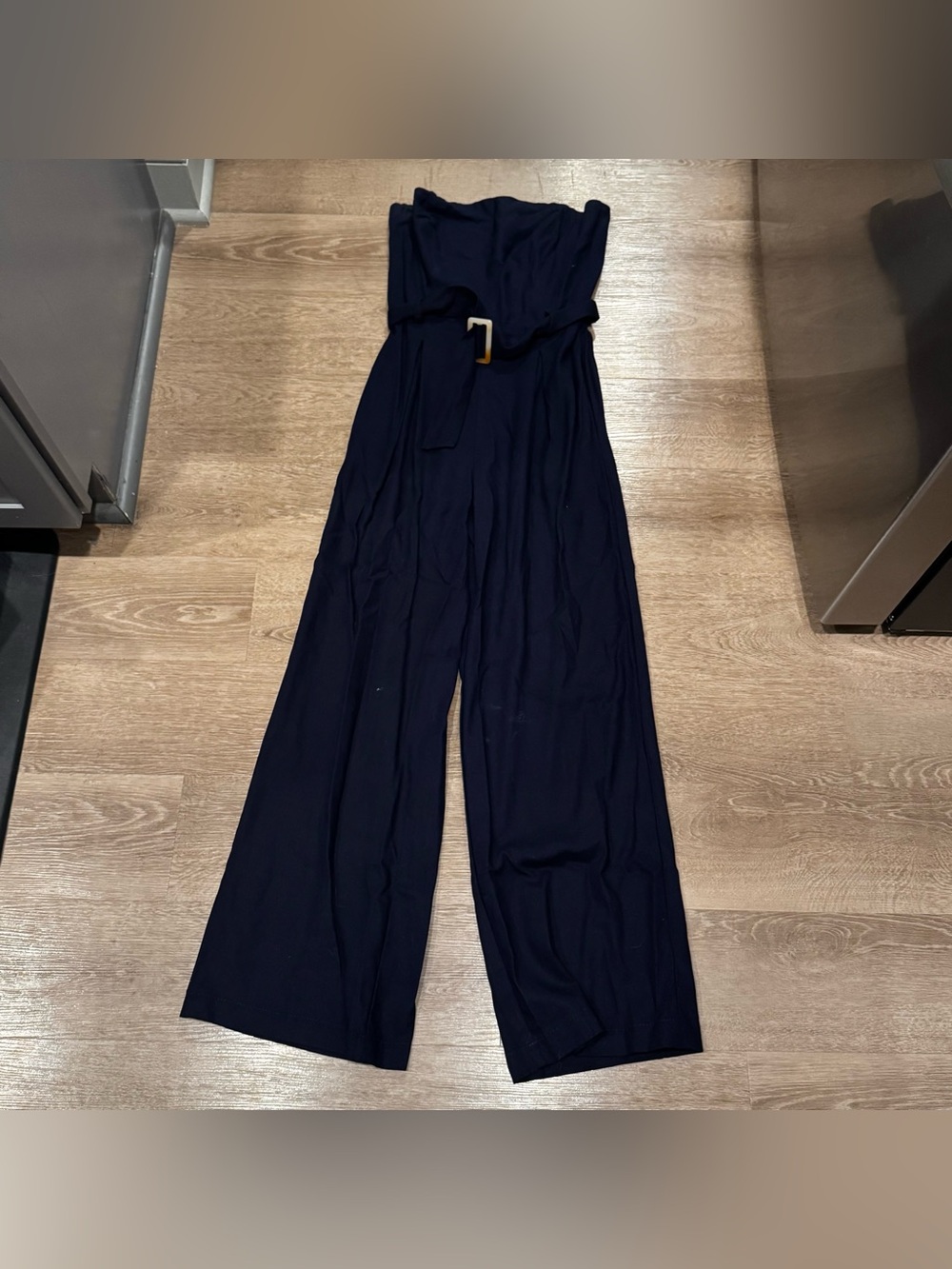 Strapless Navy Wide-Leg Jumpsuit with Belted Waist